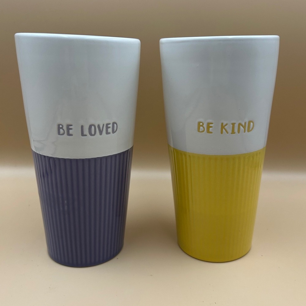 Be Kind Be Loved Double Walled Ceramic Travel Tumbler Mug Set Purple Yellow